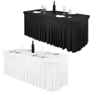 PrimPick Spandex Table Skirt Fitted Stretch Tablecloth,One-Piece Wrinkle-Resistant Ruffles Design Installs in Seconds,Perfect for Rectangle Tables Banquets Parties Wedding Thanksgiving，Flying hem of the skirt，very atmosphere