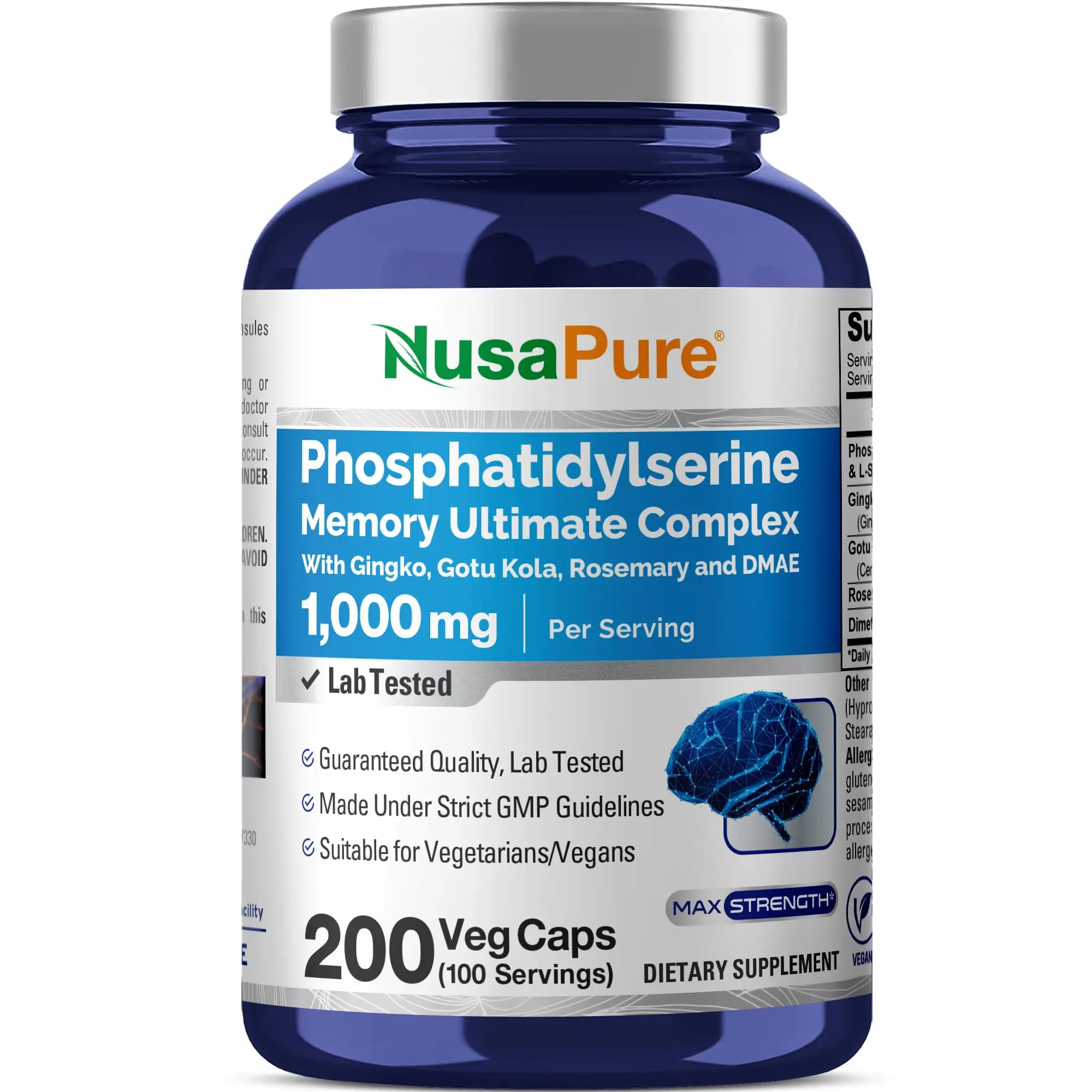 NusaPure Phosphatidylserine Ultimate Memory Complex Supplement Stack - 1000mg per Serving Vegan & Non-GMO CGMP Capsules, 200 Vegetarian Pills with Ginkgo, Gotu Kola, Rosemary & DMAE for Brain Health, ADHD Support, Cognitive Boost