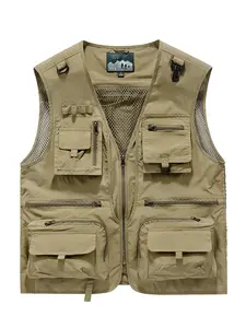 Men's Solid Multi-pocket Zipper Gilet, Loose Casual Street Fashion Outdoor Hollow Out V Neck Vest Jacket for Spring & Summer, Men's Clothes for Daily Wear