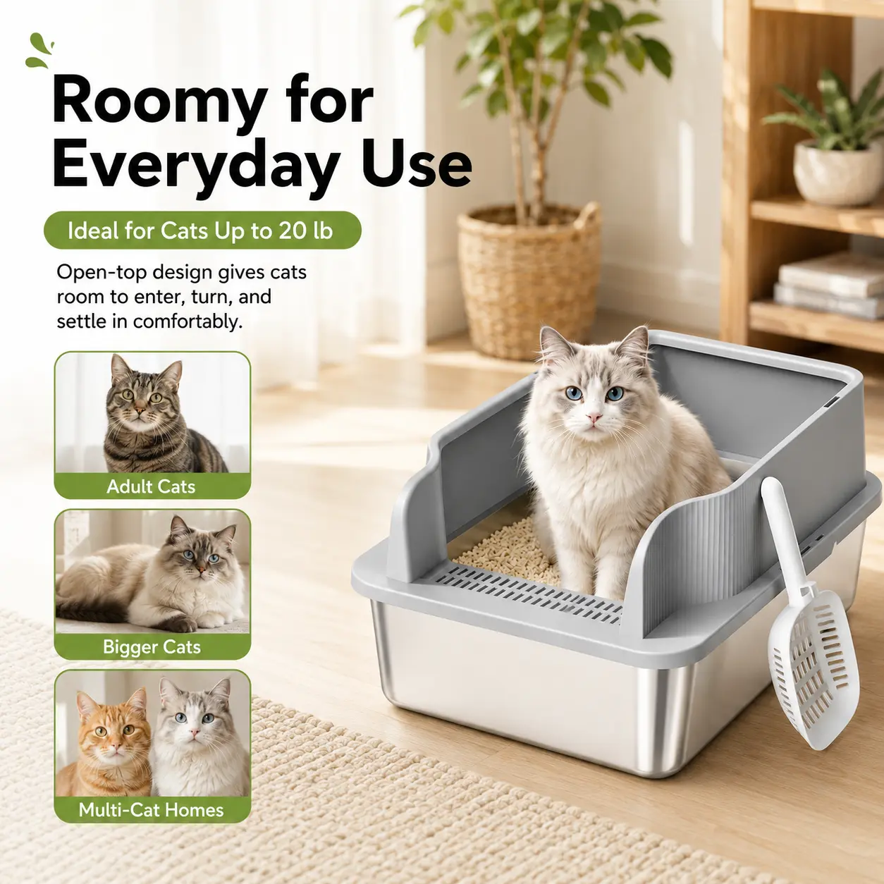 Stainless Steel Open-Top Litter Tray for Large Cats - High Rim Design, Included Scoop & Litter Catcher Pedal, Mess Control, Odor Resistant, Easier Cleanup by Sohochic