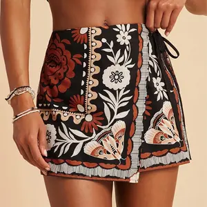 Shorts For Women High-Waisted Tie-Front Vintage-Inspired Ethnic-Style Butterfly Print Asymmetrical Hem—Lightweight And Soft Summer Bottoms Perfect For Beach Vacations And Street Style Offering A Fashionable Bohemian Look For Women’S Everyday Wear