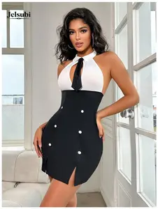 Jelsubi Uniform Seductive Hip Hugging Skirt Female Secretary Costume Cosplay Dress with Halter Neck and Button Detail for Cosplay Events and Themed Parties lingerie spicy