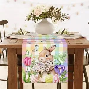 72.05*12.99in Easter Bunny Linen Table Runner, Tablecloth, Spring and Summer Decoration, Suitable for Indoor/Outdoor Activities, Family Gatherings, Easter Table Flag with Festival Atmosphere, Bunny and Easter Egg Pattern Printed Linen Table Runner