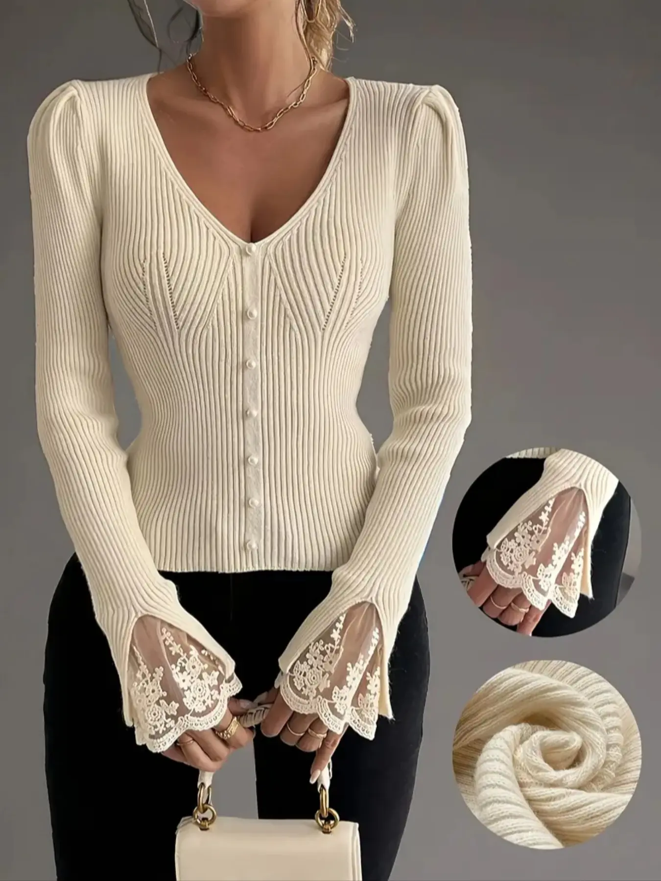 Elegant V Neck Pullover Sweater, Women's Long Sleeve Knitwear Top with Button Front Design, Soft Comfortable Knitting Fabric for Casual & Formal Wear