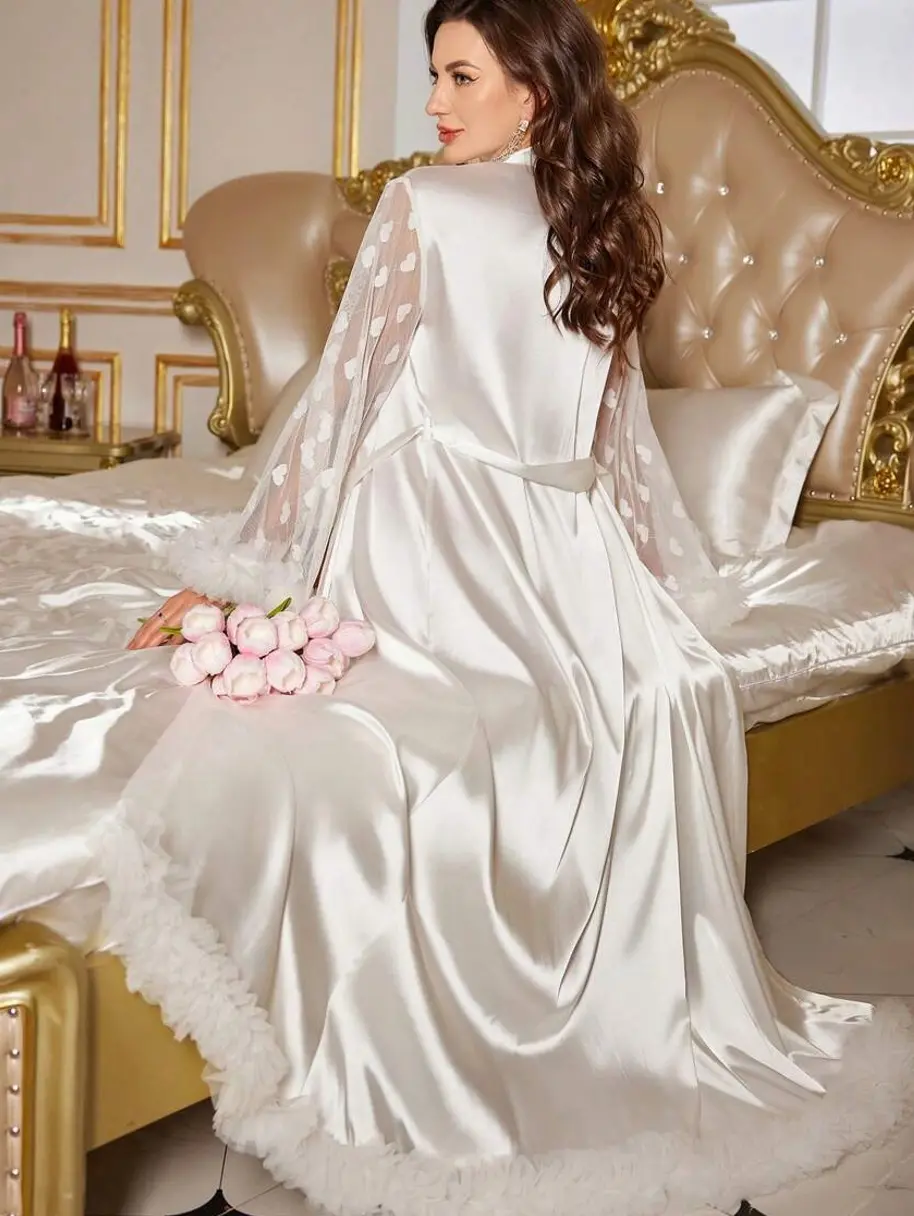 3D Floral Decor Extra Long Luxurious Faux Silk Contrast Mesh Sleeve Robe