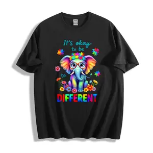 Colorful Elephant Design Unisex T-Shirt It's Okay To Be Different Message With Puzzle Pieces And Flowers For Autism Awareness Spring Summer Wear Perfect Gift For Kids Adults And Loved Ones With Special Needs