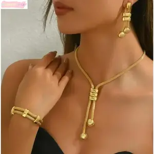 18k Gold Plated Mesh Jewelry Set Lariat Style Necklace With Tassel Matching Earrings & Bracelet For Daily Wear Elegant Gift Allergy Free