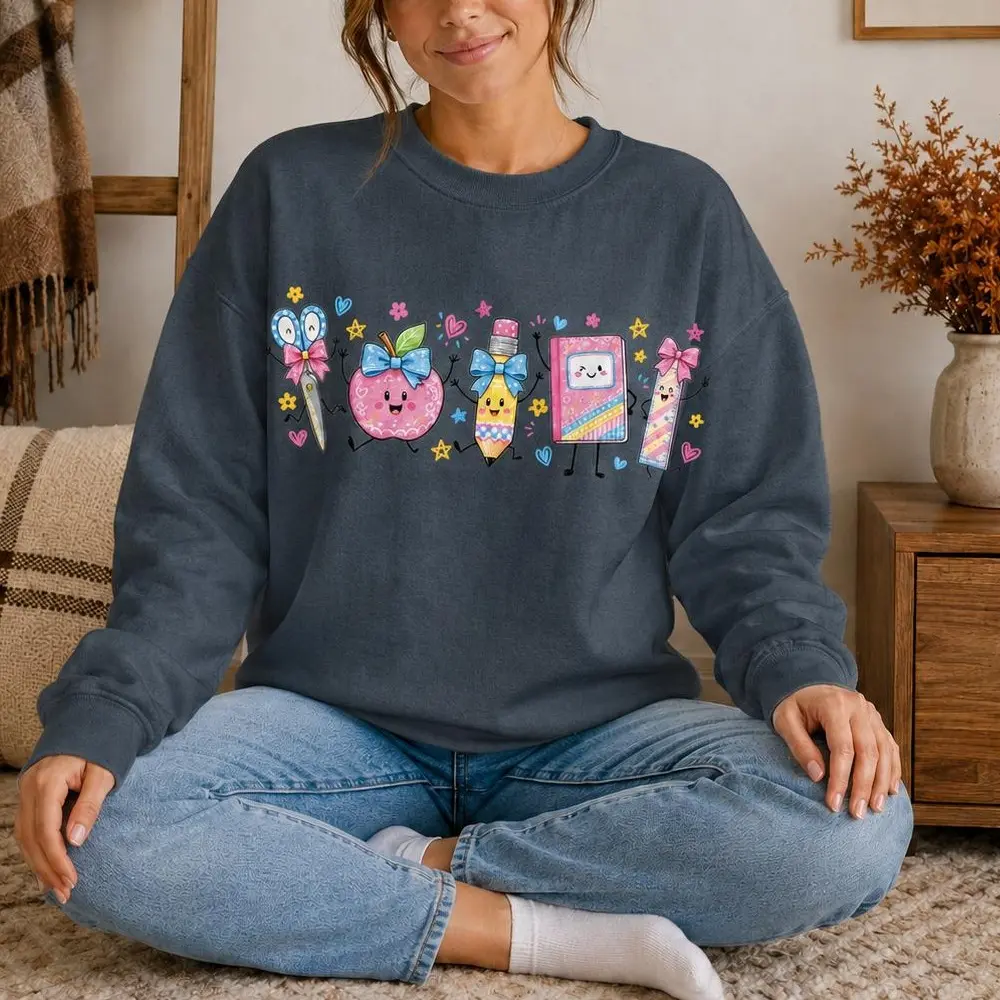 Cute Back to School Sweatshirt for Women, Teacher School Supplies Graphic Crewneck, Apple Pencil Scissors Notebook Bow Pullover, Coquette Teacher Gift