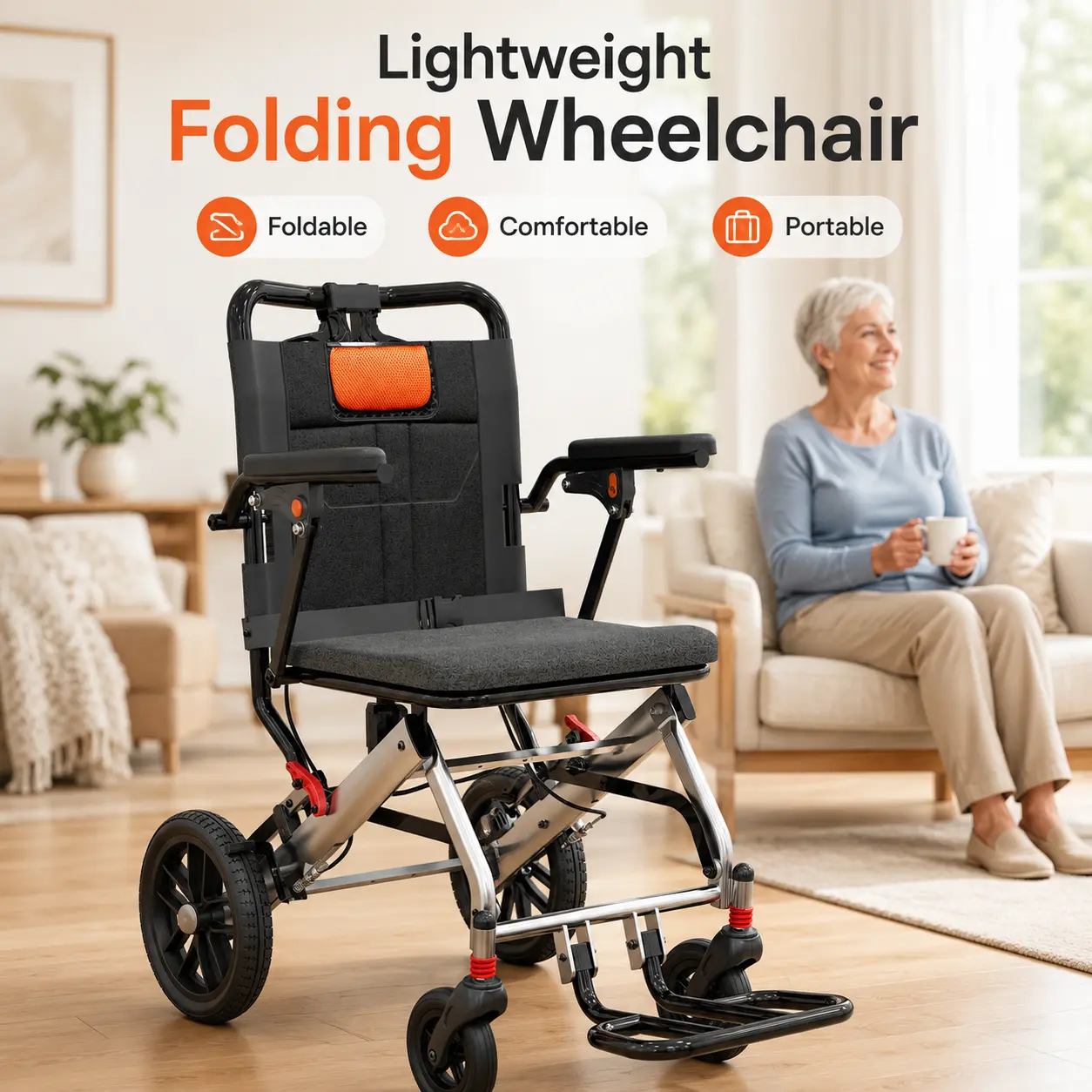 Transport Wheelchair Lightweight Foldable for Seniors, Aviation Aluminum & PVC Wide Frame, 16" Seat Width, 8" PVC Rear Wheels, Thick Shock-Absorbing Cushion, Foldable,Orange