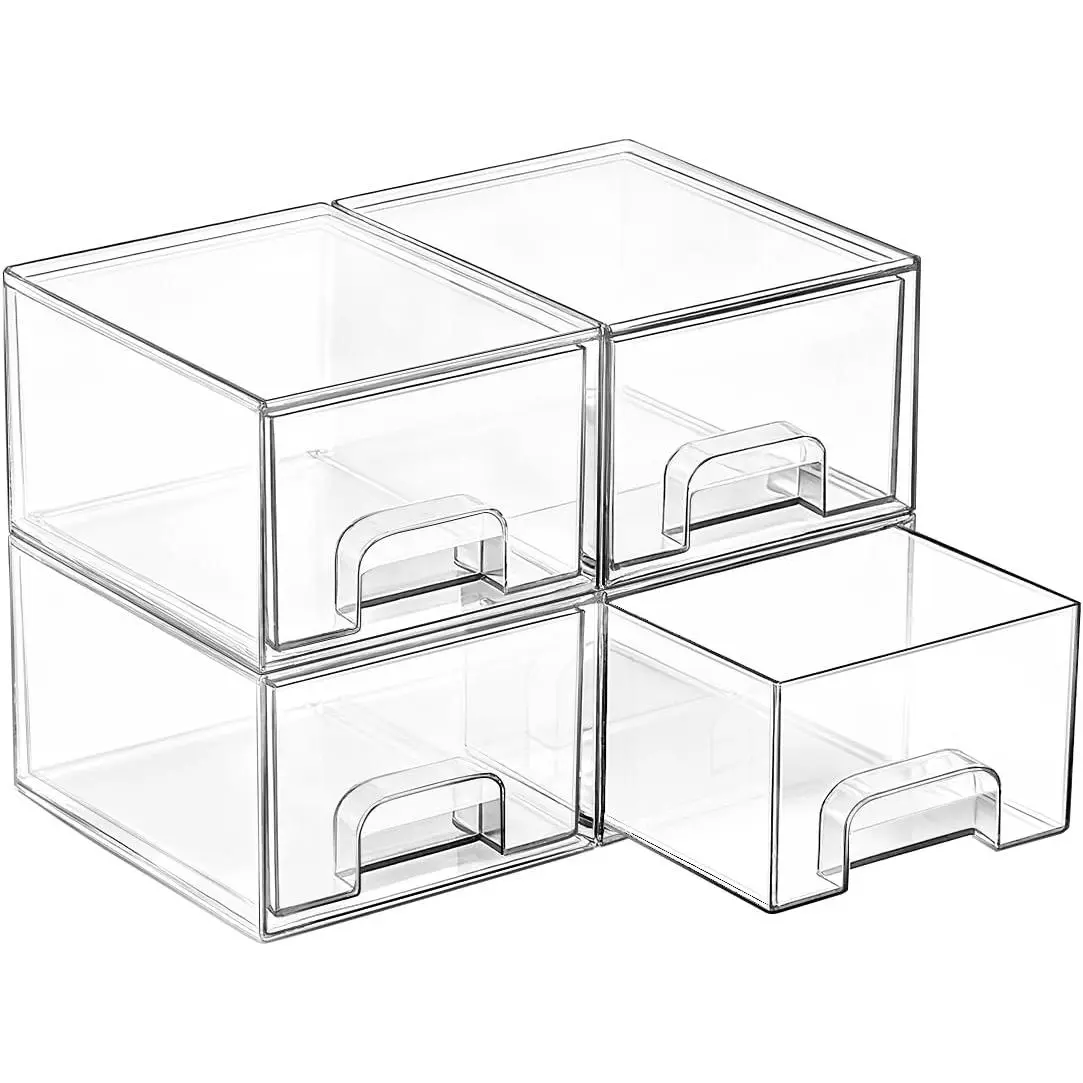 4 Pack Small Clear Stackable Storage Drawers, Acrylic Bathroom Makeup Organizer, Plastic Storage Bins for Vanity, Under Sink, Kitchen Cabinets, Pantry, Home Organization