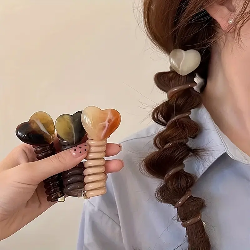 Women's 4PC Hair Accessories Set - Elegant Heart-Shaped Resin Spiral Scrunchies, Color-Matching Telephone Cord Scrunchies, Colorful Ponytail Holders for Ponytail Hairstyles, Ponytail Hairstyle