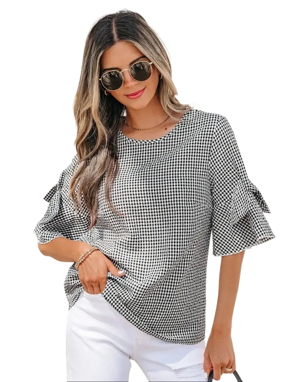 Women's Plaid Shirts Casual Half Sleeve Blouses Round Neck Summer Gingham Tops with Bow Knot