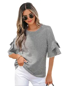 Women's Plaid Shirts Casual Half Sleeve Blouses Round Neck Summer Gingham Tops with Bow Knot