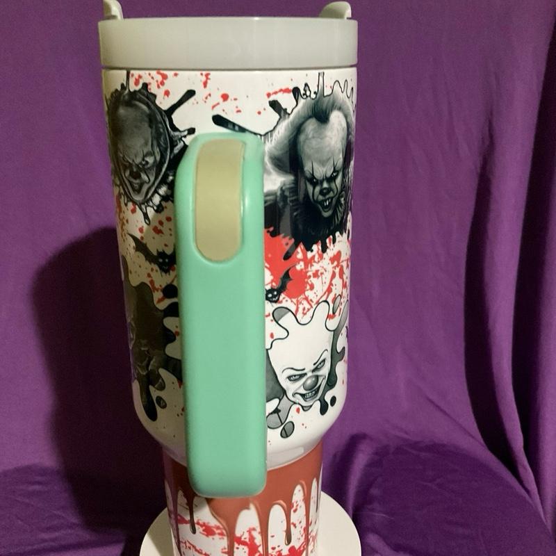 Pennywise 40 Oz Tumbler with Handle - "You'll Float to Do You Want a Balloon?" Design - Bottle, Drinkware Washable Portable Reusable Lid