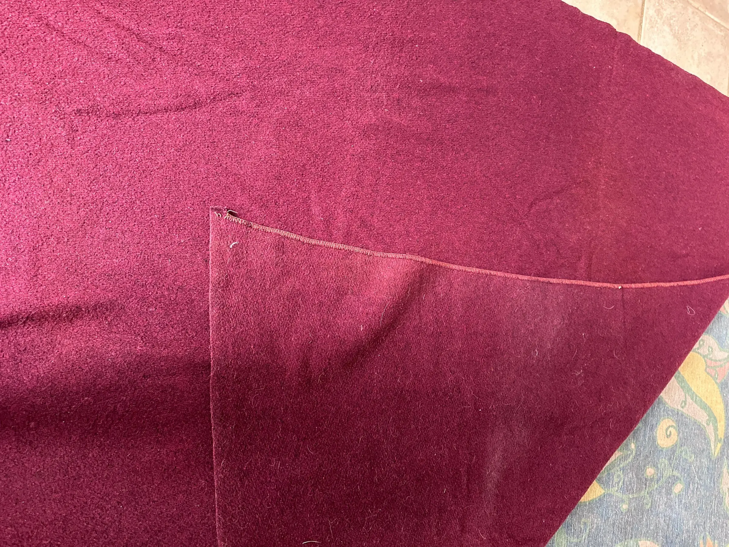 Vintage Maroon Red Wool Stadium Blanket | Cottagecore Picnic Throw | 62” x 78” | Stitched Edges | Rustic Wool Camp Blanket