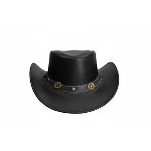 Equine Care Black Leather Cowboy Hat - Handcrafted Western Style for Men & Women, Shapeable Brim 2.7", Concho Band, Size Large 58-59 cm