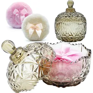 4" Glass Dusting Powder Container with 2 Fluffy Puffs,Cute 3.5" Soft Body Powder Puff and Jar Set(Crown-tawny)