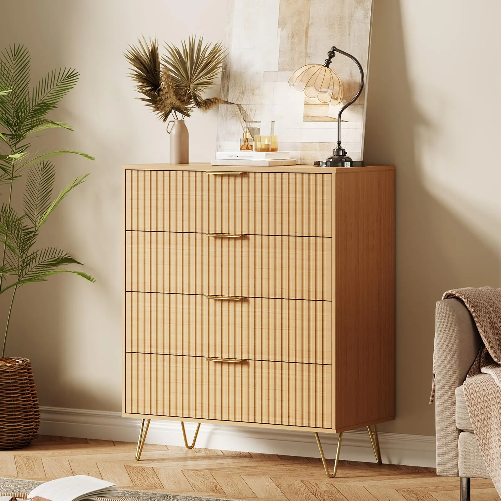 Garvee Fluted 4-Drawer Dresser, 32" Wide Modern Wooden Chest with Metal Handles, Clothes Storage Organizer, Bedroom & Living Room Furniture, Natural Finish