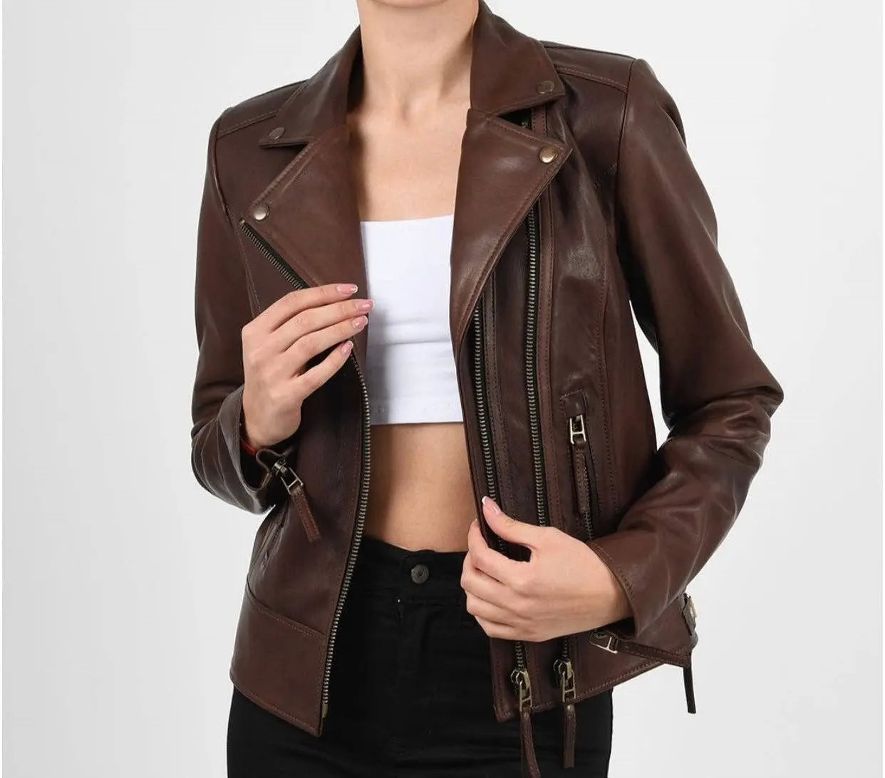 Leather Republic Classic Ladies Vax Brown Lambskin Leather Jacket with Double Front Zipper