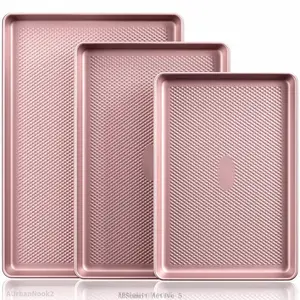 Diamond-Texture Baking Sheet Pan Set, Non-Stick Cookie Sheets, Teflon-Free Heavy Duty Bakeware - 3 Sizes, Baker, Pink Kitchenware CookingAUrbanNook2FFMotionModeABSummit Active