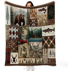Rustic Cabin Flannel Throw Blanket – Bear Deer Forest Patchwork, Cozy Woodland Wildlife Blanket for Couch Sofa Bed, Farmhouse Home Decor, 50x60 Inch