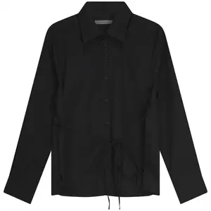 Maternity Blouse - Long Sleeve, Button Front, Drawstring Waist, Black, Casual Style, Ideal for Maternity Wear