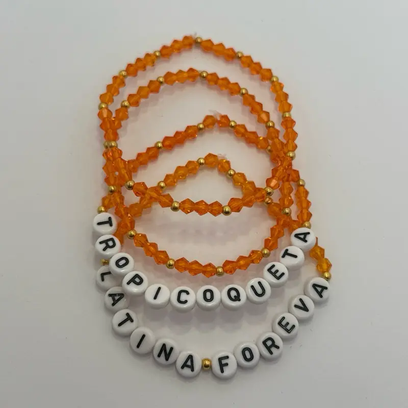 KG Tropicoqueta Latina Foreva Bracelets - Set of 4 Orange Beaded Bracelets with Lettered Beads - Jewelry Accessory