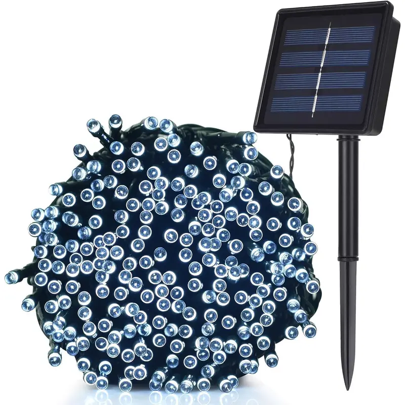 Solar-powered decorative string lights: The warm light version contains 200 LEDs, while the white light version contains 300 LEDs. They support 8 different flashing effects, making them perfect for decorating Christmas scenes, as well as for embellishing