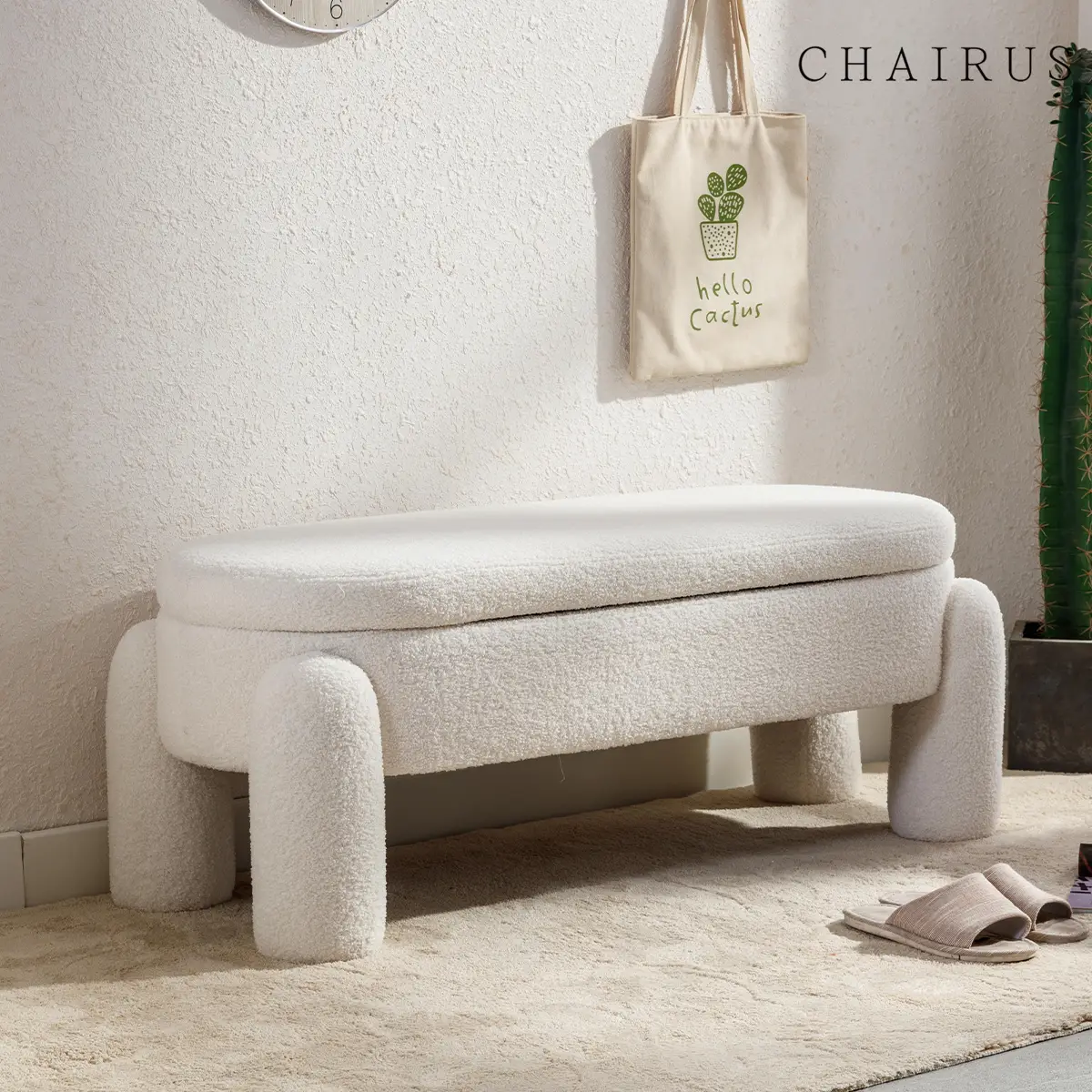CHAIRUS Modern Storage Bench, 45 Inch Sherpa Ottoman Bench, Upholstered End of Bed Bench, Cute Entryway Bench for Bedroom, Living Room Entryway, Whit