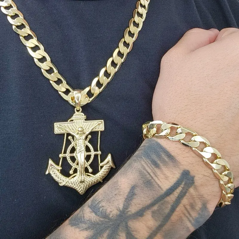 ViOrO 14K Gold Plated 8-10mm Cuban Link Chain with Bracelet and Jesus Christ Anchor Pendant for Daily Use. Electro Laminated Premium Jewelry
