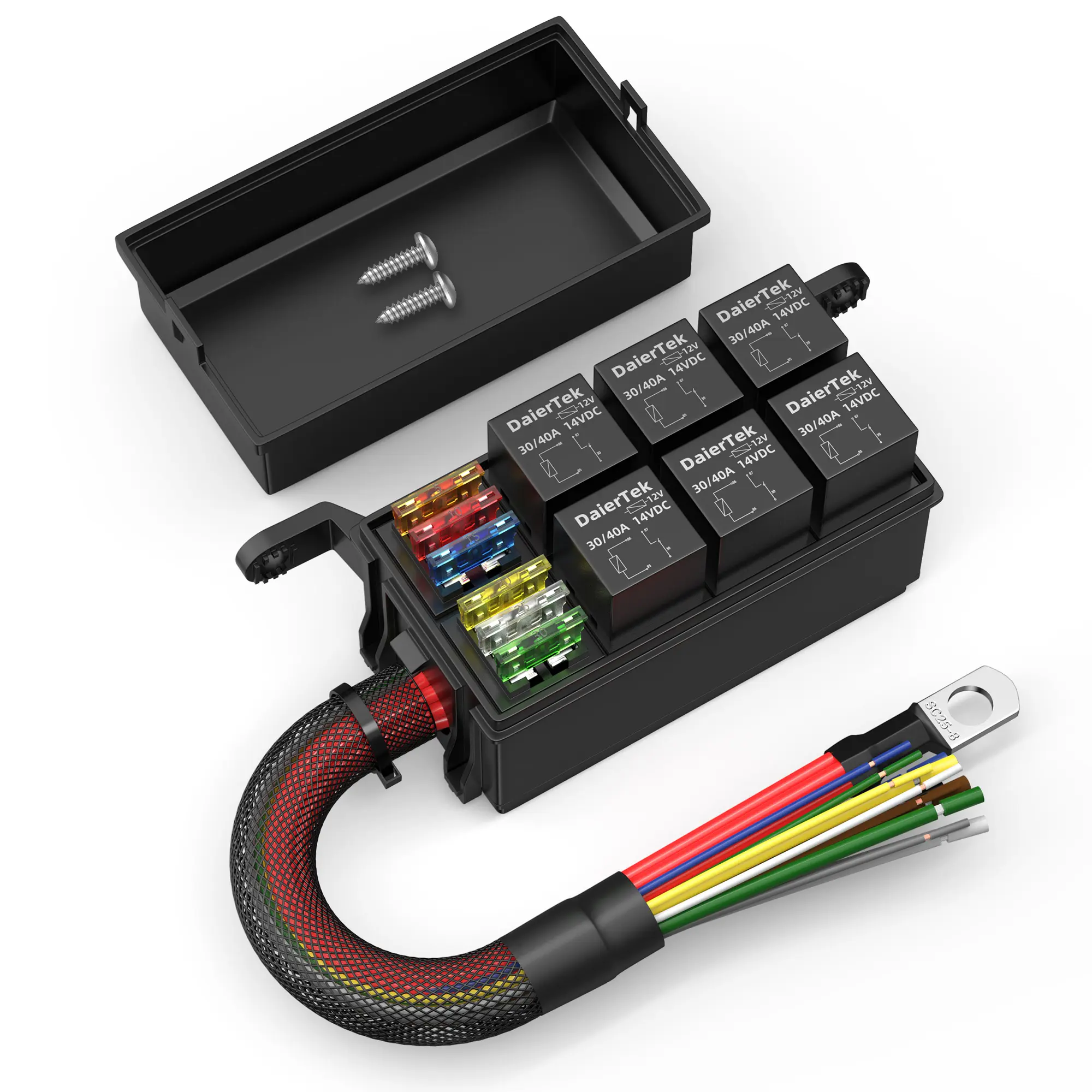 Eunik Waterproof 12V Relay Fuse Box - 4-Way Relay Block with 12 ATO/ATC Fuses, Pre-Wired Harness, Reliability, Safety and Reliability for Marine, Automotive Accessories