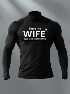 Men's Turtleneck Compression Long Sleeve Shirt - Slim Fit Funny "I Love My Wife" Graphic Tee, Muscle Fit Activewear for Gym/Everyday, Gym Clothes Workout, Stretchy Base Layer T-Shirt, Fitted Turtleneck Top, Casual Fitted Shirt for Men
