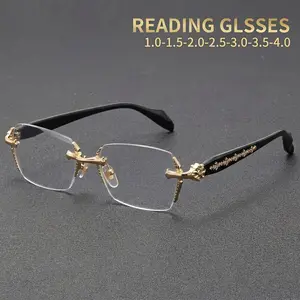 Men's Luxury Frameless Reading Glasses, Floral Design Blue Light Blocking, Business Casual Daily Wear, Multiple Prescriptions +1.0 to +4.0, Reading Eyeglasses, Reading Eyewear