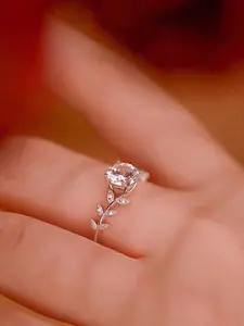 S925 Sterling Silver Laurel Leaf Ring with Sparkling 5A Zirconia - Ideal Wedding, Holiday & Anniversary Jewelry Gift for Women