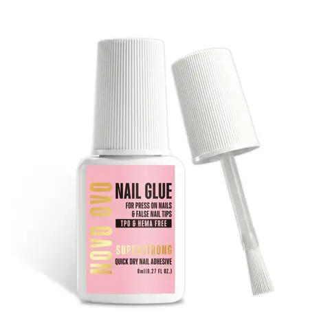 NOVO OVO TPO&HEMA-Free Super Strong Nail Glue - 8ml (0.27 fl oz) Brush-On Adhesive, Quick Dry for Press-Ons, Long-Lasting Hold, Strong Grip, Gentle on Natural Nails (Salon-Effect)