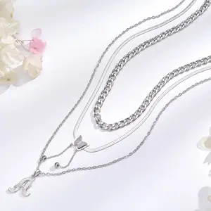 Shimmering Layered Initial Necklace Set, Dainty A-Z Letter Pendant, Triple-Layer Choker Butterfly With Cuban Chain, Unique Jewelry Gift