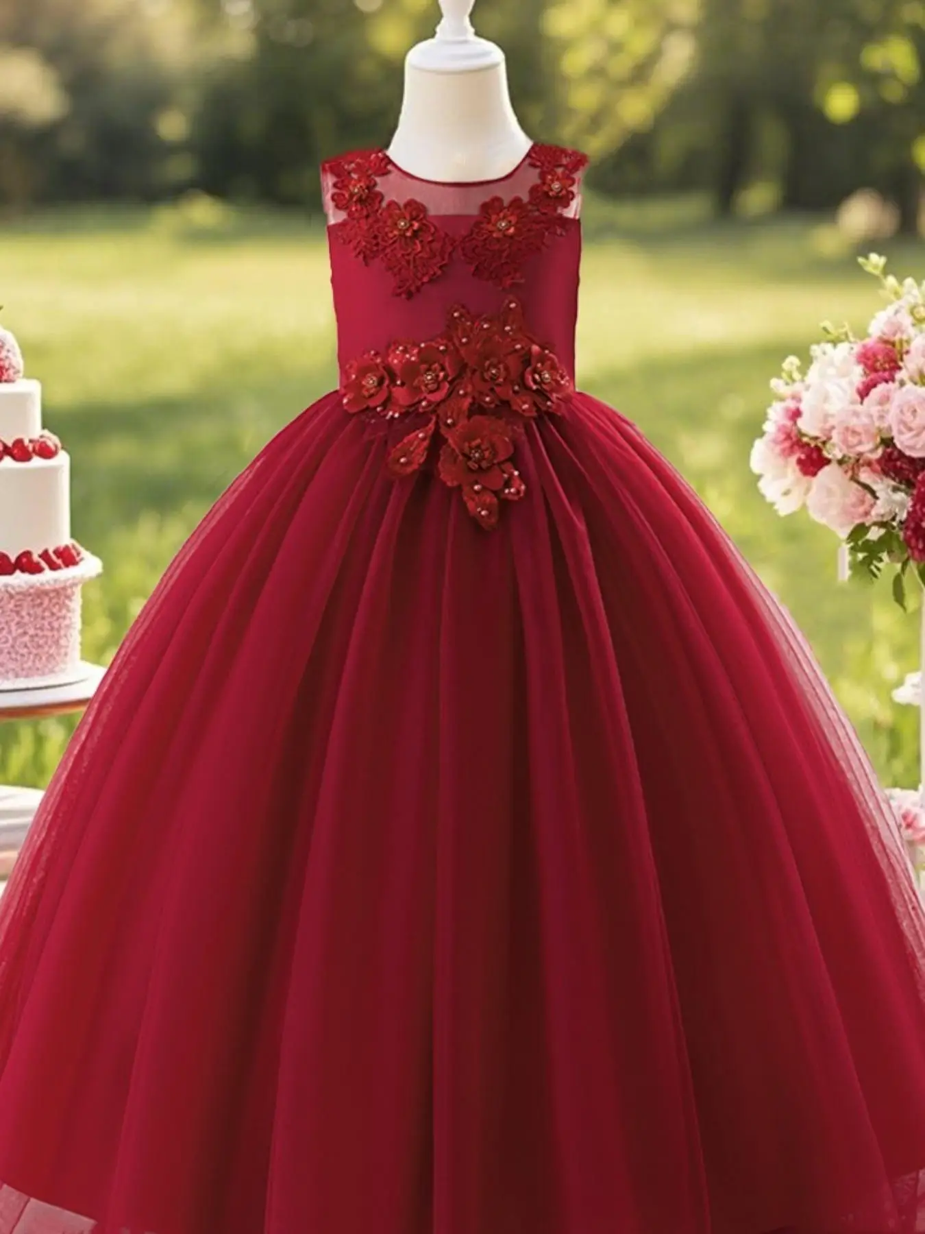 Girl's Solid Floral Faux Pearls Decor Appliques Tulle Dress, Elegant Round Neck Sleeveless Zipper Back A Line Dress for Party Performance Occasion, Ki