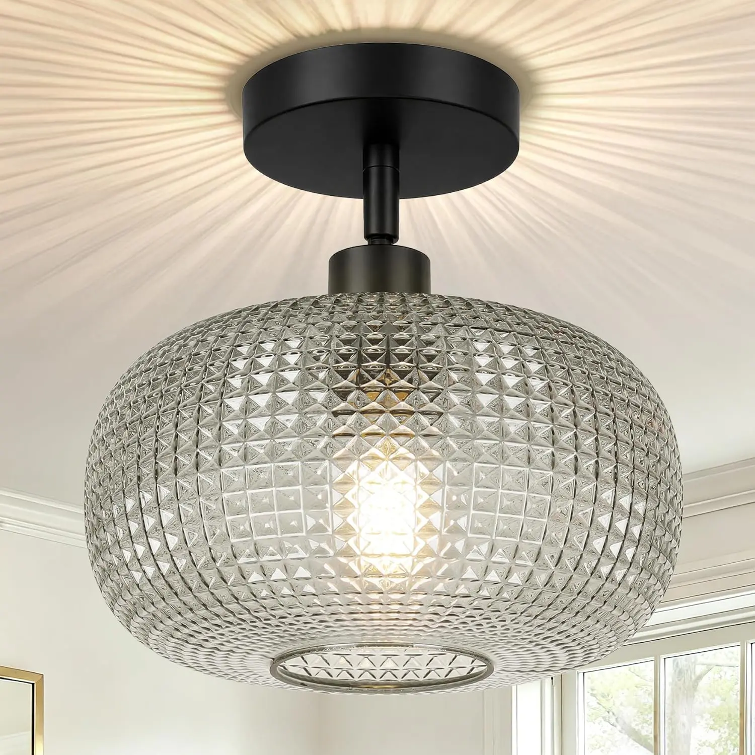 Semi Flush Mount Ceiling Light, Adjustable Hanging Sloped Ceiling Lights with Smoky Gray Glass Shade Modern Hallway Light Fixtures for Kitchen Bathroom Entryway Bedroom (Bulb Not Included/Bulb  Included)