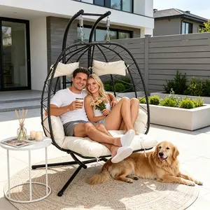 Couples Double Hanging Rattan Egg Chair with Stand - 2-Person Outdoor Wicker Swing, 49.6-in Seat, Adjustable Footrest, Thick Cushions, Extra Pillows, Easy to Clean, 600 lbs Capacity, Cool Outdoor Furniture for Patio Garden