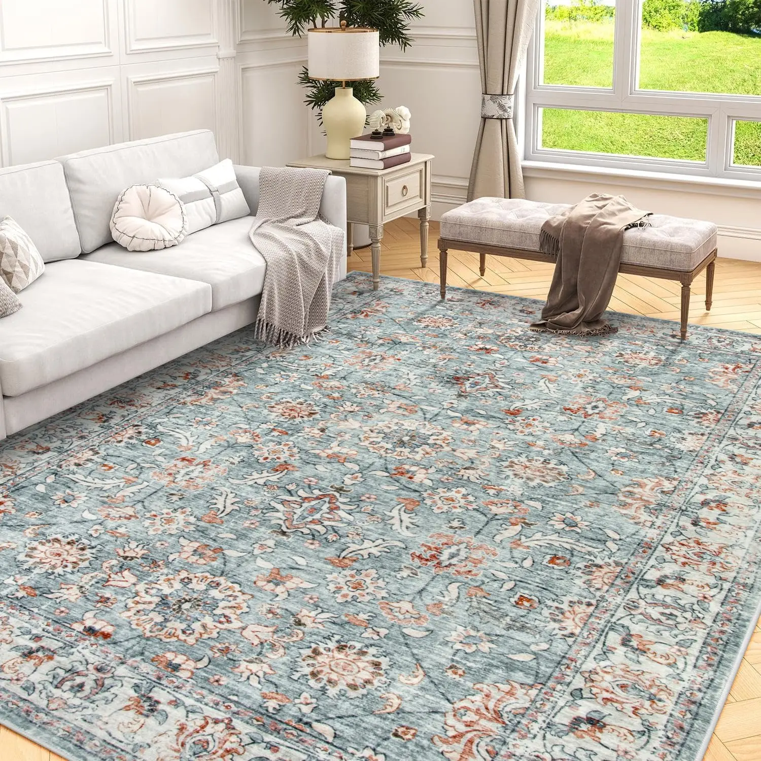 Washable Terracotta Large Rugs for Living Room,Non Slip Floral Nursery Throw Mat Ultra Thin Soft Rugs for Bedroom Playroom Dinning Room