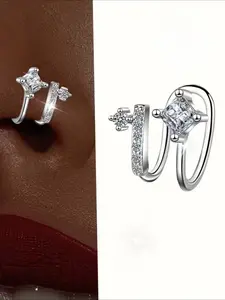 A ladies' artificial non-piercing nose clip (1pc) with nose & ear clip design, hole-free, double-layered double-row star-patterned design, Synthetic Zirconia Accent, inlaid with a row of synthetic cubic Synthetic Zirconia, made of S925 silver