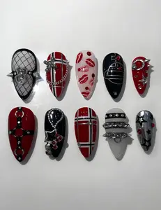 Punk Rock Nails - Red and Black Chrome Press On Nails with Chains, Stars, Lips and Y2K Glam Gothic Aesthetic, Glossy Finish, Handcrafted for Unique Style