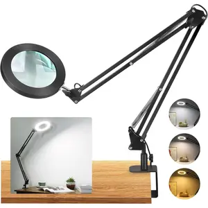 Large 10X Magnifying Glass with Light, 5 in Real Glass Stand Lighted Magnifier, 3 Color Modes Steepless Dimmable LED Magnifying Desk Lamp with Clamp, Hands Free for Close Work Crafts Hobby