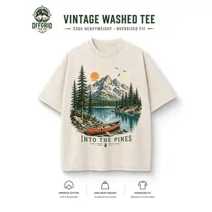 Men’s vintage heavyweight washed T-shirt, Into The Pines lake pine forest canoe vintage outdoor short sleeve