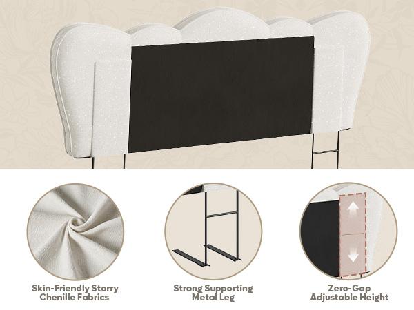 Pinmoco Upholstered Headboard, Soft Chenille Fabric Crown-Shaped Headboard with Adjustable Height Metal Legs【Headboard Only】