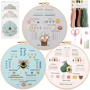 3 Embroidery kit for Beginners, Beginner Embroidery Kit for Adults. Starter Kits to Learn 28 Different Stitches, Including Fabric with Prints, Threads, , Hoop and Video tutorials...