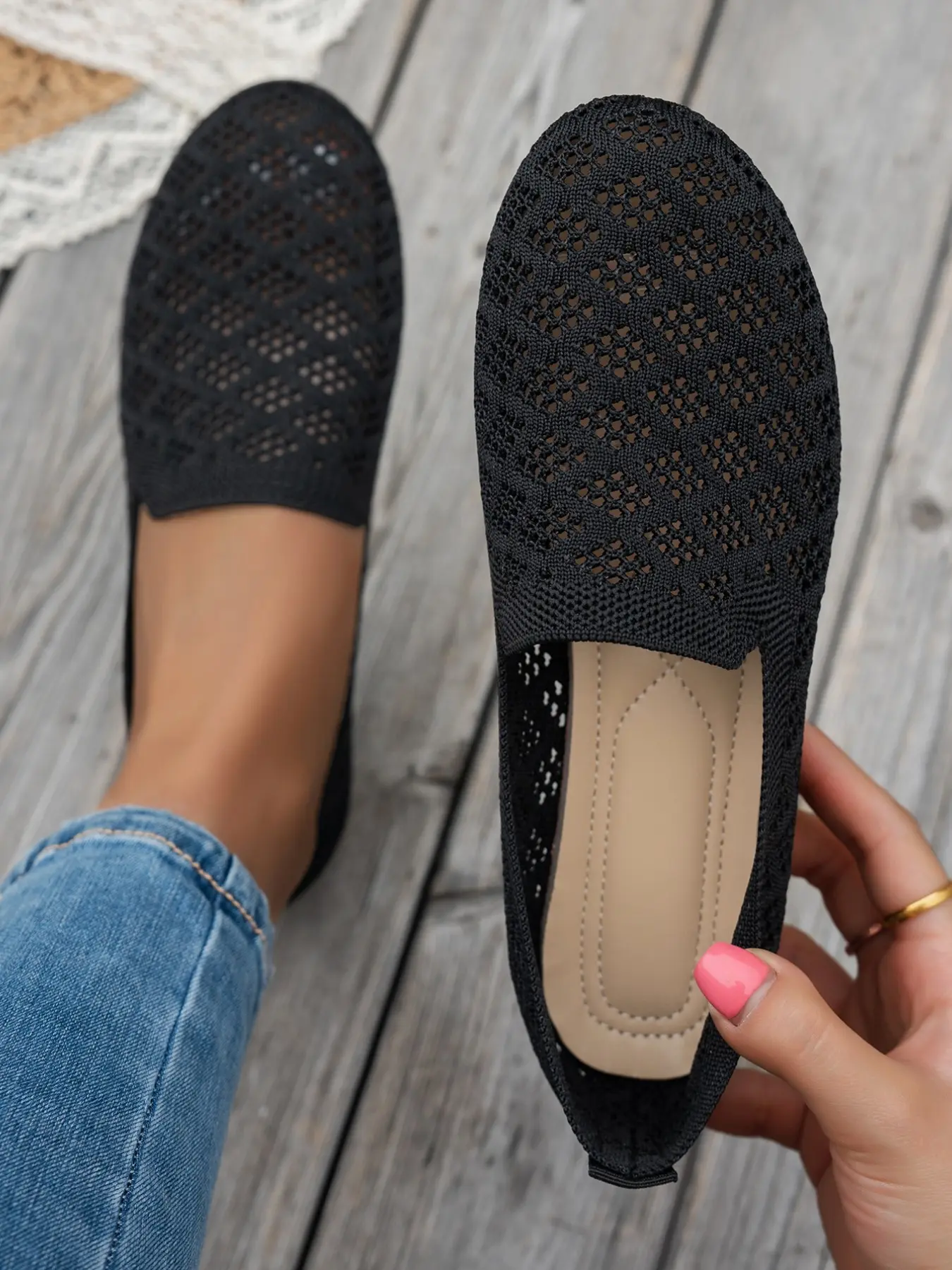 New Knit Fabric Round Toe Flat Shoes, Slip On Flats, Breathable Mesh Design, Rubber Soft Sole, Comfortable for All Seasons, Casual Dress Shoes, Walking Shoes