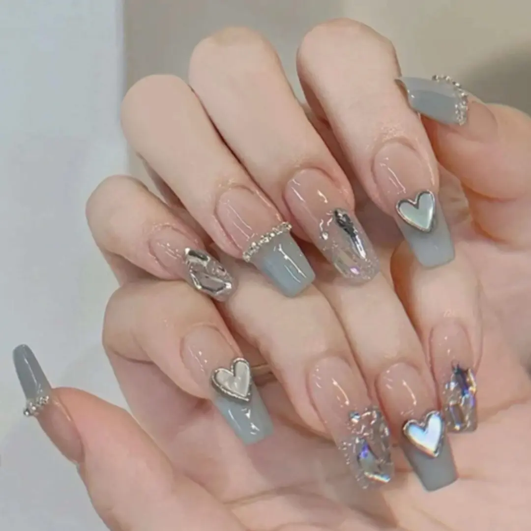 Upgrade Your Style 24pcs Medium-Length Coffin Shape Press-On Nails, Light Blue Mother-Of-Pearl Heart False Nails Set Comes With 1 Jelly Gel And 1 Nail File, Suitable For Parties, Dances, And Daily Wear.