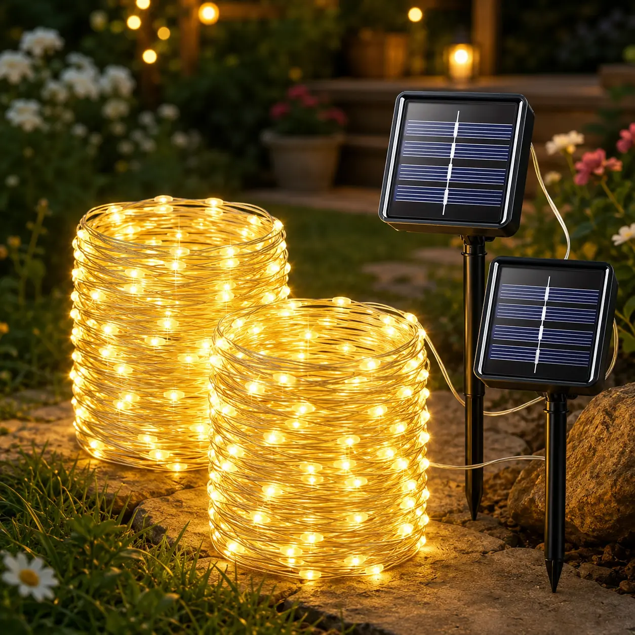 Set of 2 solar string lights, 2 × 72 ft long, with 400 LED bulbs — waterproof for outdoor use, featuring 8 lighting modes, perfect for gardens, patios, decks, fences, trees, and party decorations. Set of 2 solar string lights, 2 × 72 ft long, with 400 LED