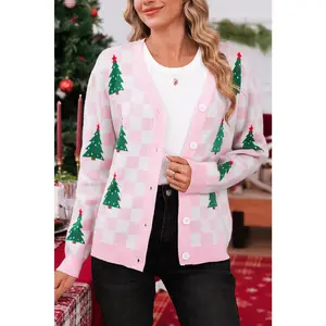 Pink Checkered Christmas Tree Pattern Button V Neck Knit Cardigan